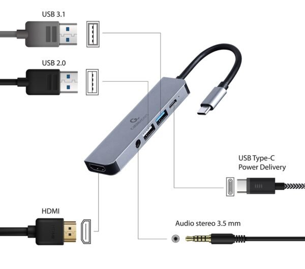 GEMBIRD MULTI ADAPTER USB TYP-C 5W1 (HUB + HDMI + PD + DŹWIĘK STEREO) SREBRNY