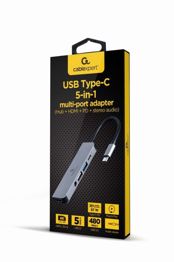 GEMBIRD MULTI ADAPTER USB TYP-C 5W1 (HUB + HDMI + PD + DŹWIĘK STEREO) SREBRNY