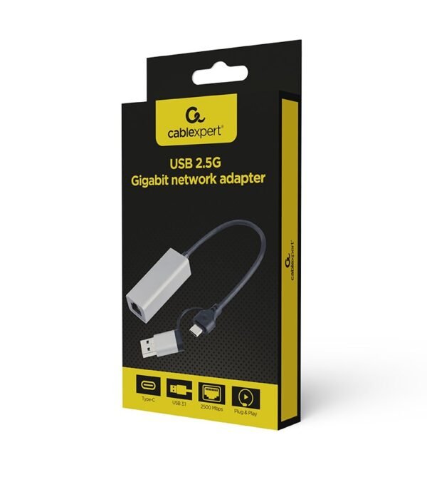 GEMBIRD KARTA SIECIOWA USB 3.1 + TYPE-C DO LAN 2.5GB/S SZARY