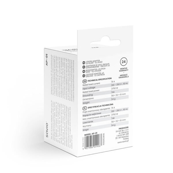 SAVIO ADAPTER PODRÓŻNY, GNIAZDO US – WTYK EU AP-01