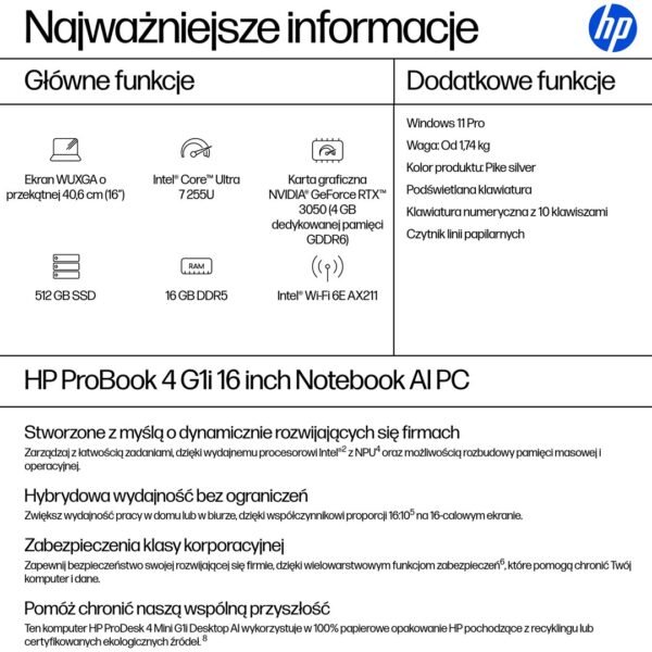HP ProBook 4 G1i Ultra 7 255U 16"WUXGA 300nits 60Hz AG 16GB DDR5 5600 SSD512 Intel Arc Cam 1080p 56Wh W11Pro Pike Silver Aluminium 3Y OnSite
