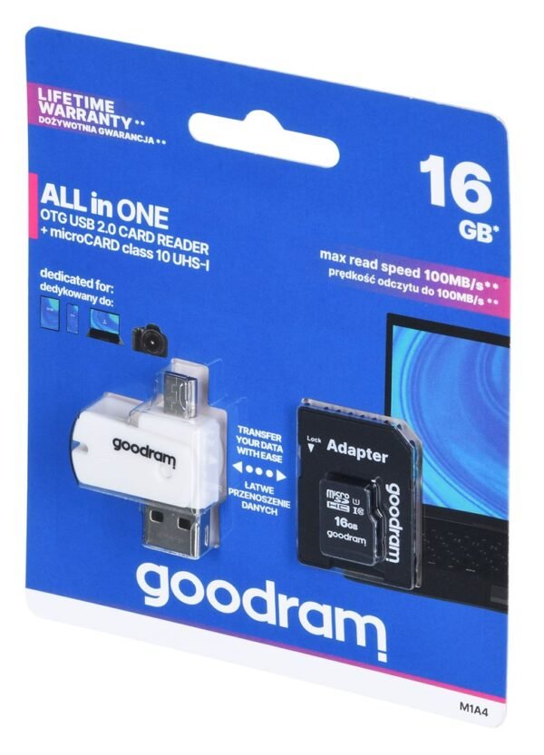 Karta pamięci z adapterem i czytnikiem kart GoodRam All in one M1A4-0160R12 (16GB; Class 10; Adapter, Czytnik kart MicroSDHC, Karta pamięci)