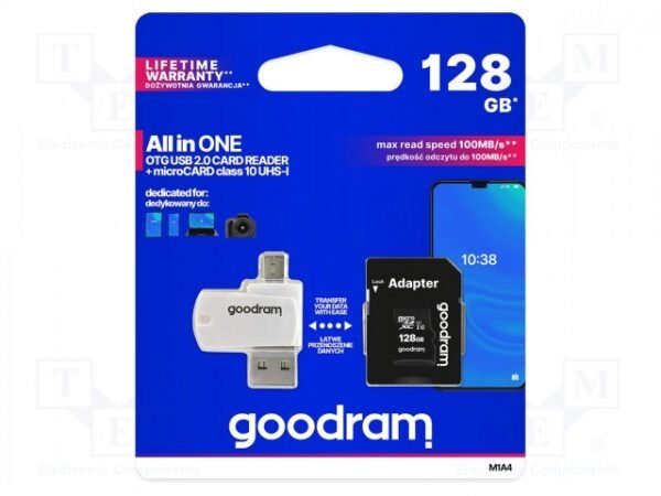 Karta pamięci z adapterem i czytnikiem kart GoodRam All in one M1A4-1280R12 (128GB; Class 10; Adapter, Czytnik kart MicroSDHC, Karta pamięci)
