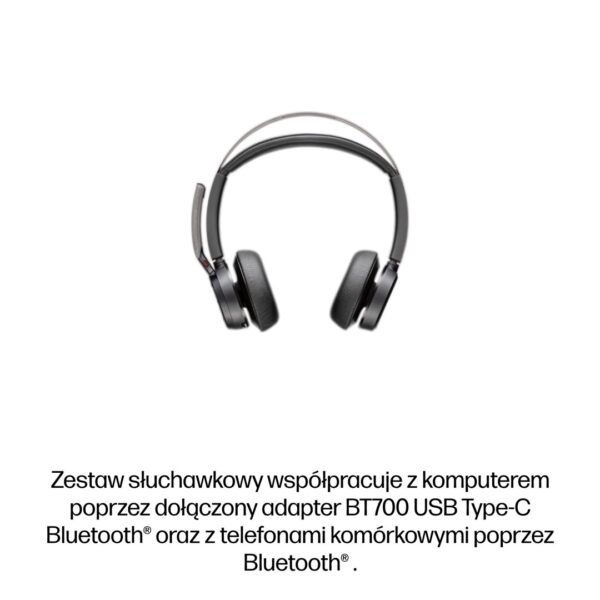 POLY Zestaw słuchawkowy Voyager Focus 2 z certyfikatem Microsoft Teams USB-C-C + przejściówka USB-C/A + podstawka ładująca /Retail