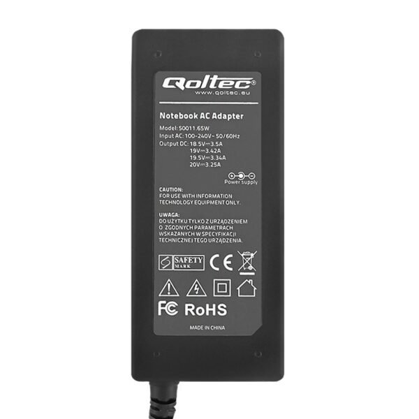 Zasilacz Qoltec 50011 do notebooka (18,5 V, 19 V, 19,5 V, 20 V; 3,25 A, 3,42 A, 3,5 A; 65W; 4.8 mm, 5.0 mm, 5.5 mm, 6.5 mm, 7.4 mm x 1.7 mm, 2.5 mm, 3.2 mm, 4.3 mm, 5 mm)